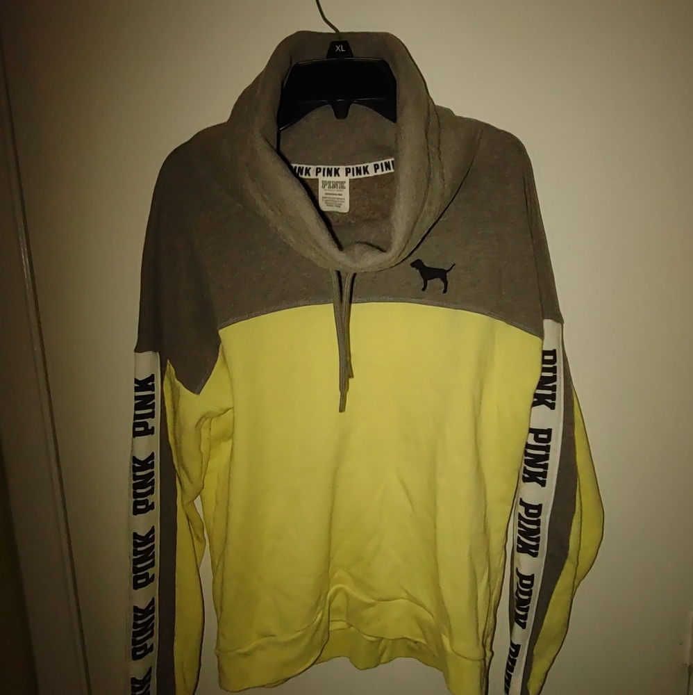 Pink by Victoria Secret Womens Half hoodie Sweatshirt Yellow Gray Sz Small